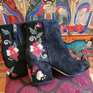 Sam Edelman Black Suede Ankle Boots with Multicolor Floral Embroidery